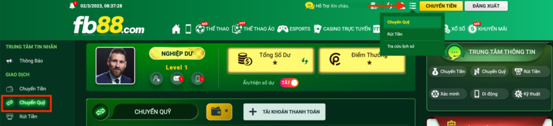 hướng dẫn chuyển quỹ fb88 đơn giản và chi tiết cho người chơi cá cược 3 truy cập trang chuyển quỹ fb88