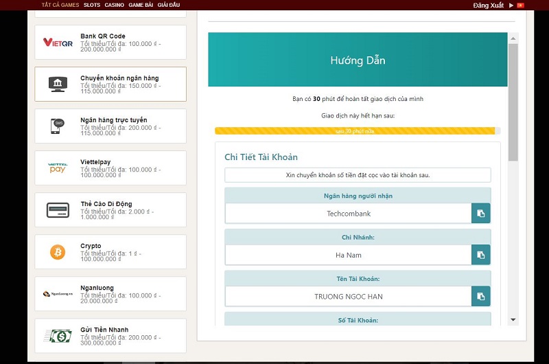chuyển tiền vào tài khoản ngân hàng nhà cái