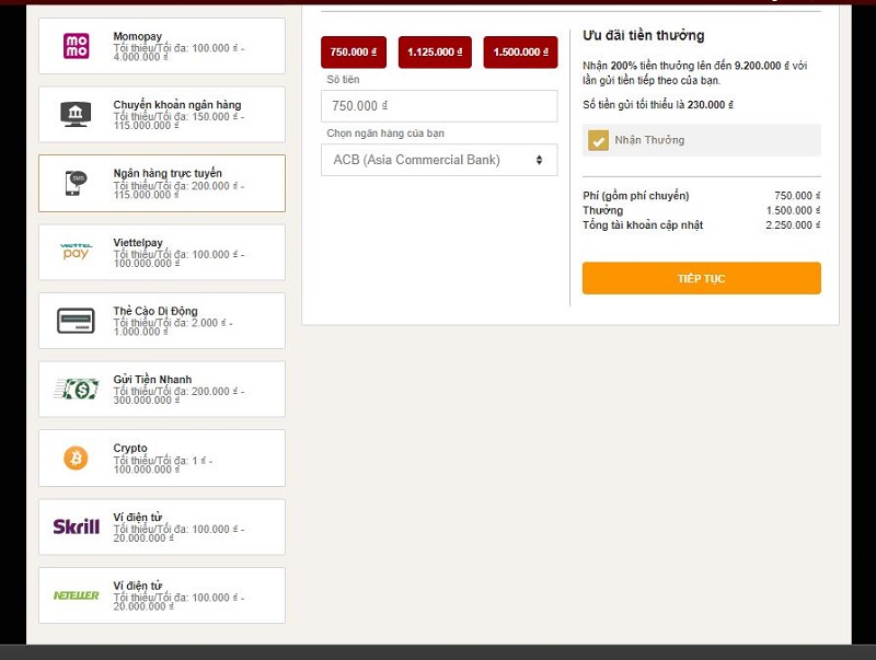 các phương thức nạp tiền live casino house