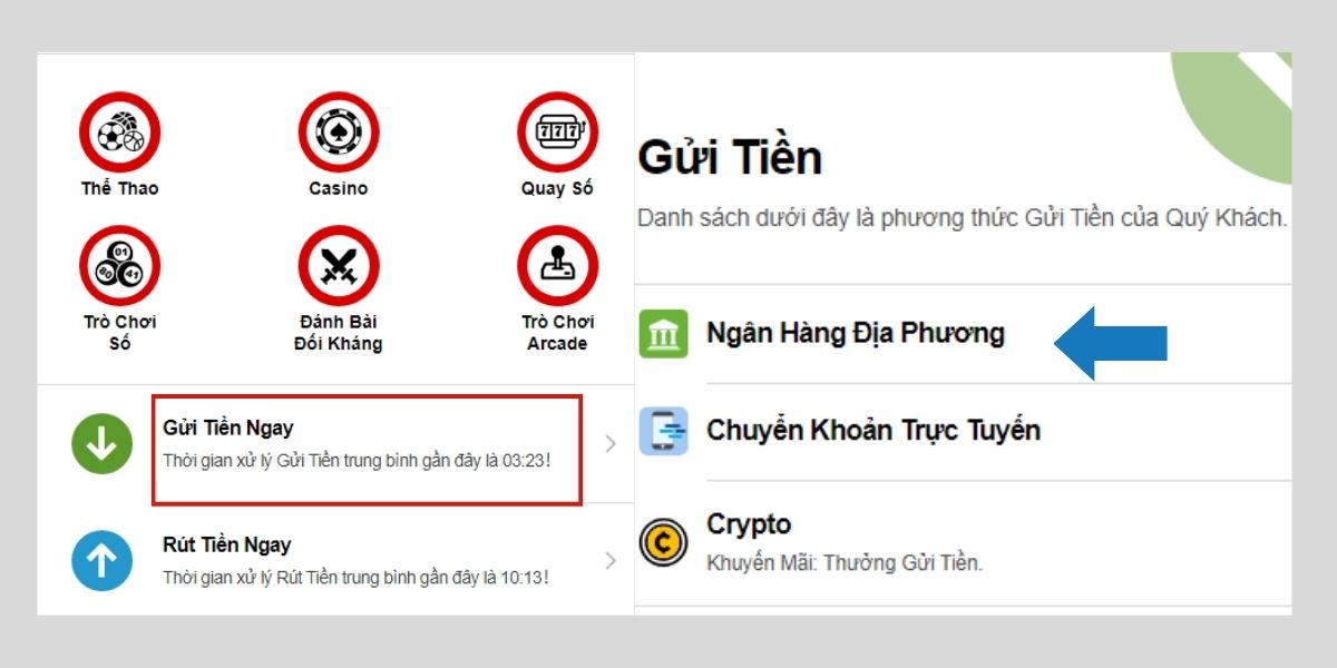 chọn hình thức nạp tiền kto qua ngân hàng địa phương
