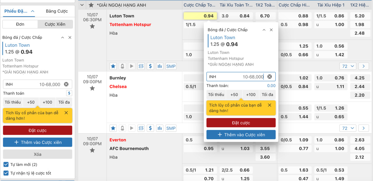 chọn kèo cược và đặt cược
