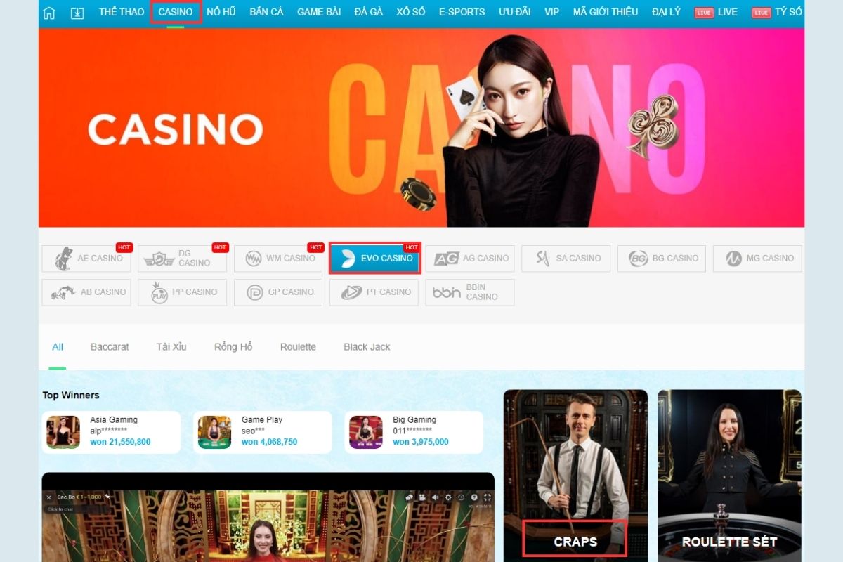 chọn sảnh chơi craps jun88