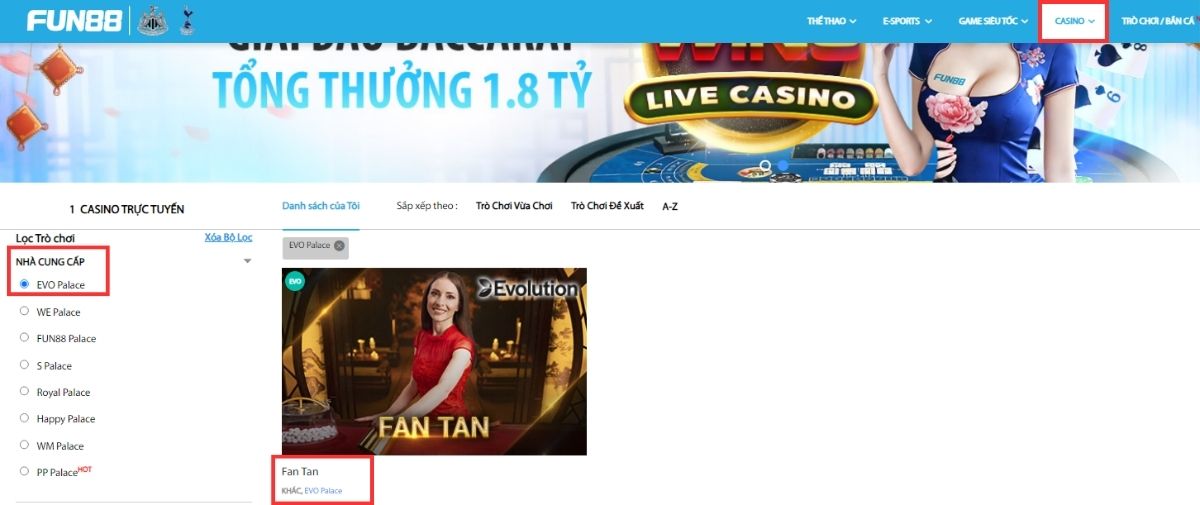 chọn sảnh chơi fan tan fun88 casino