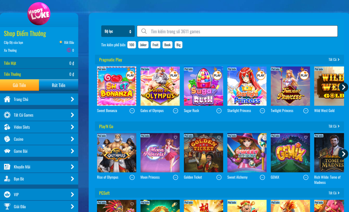 chọn sảnh chơi và game slot happyluke muốn chơi