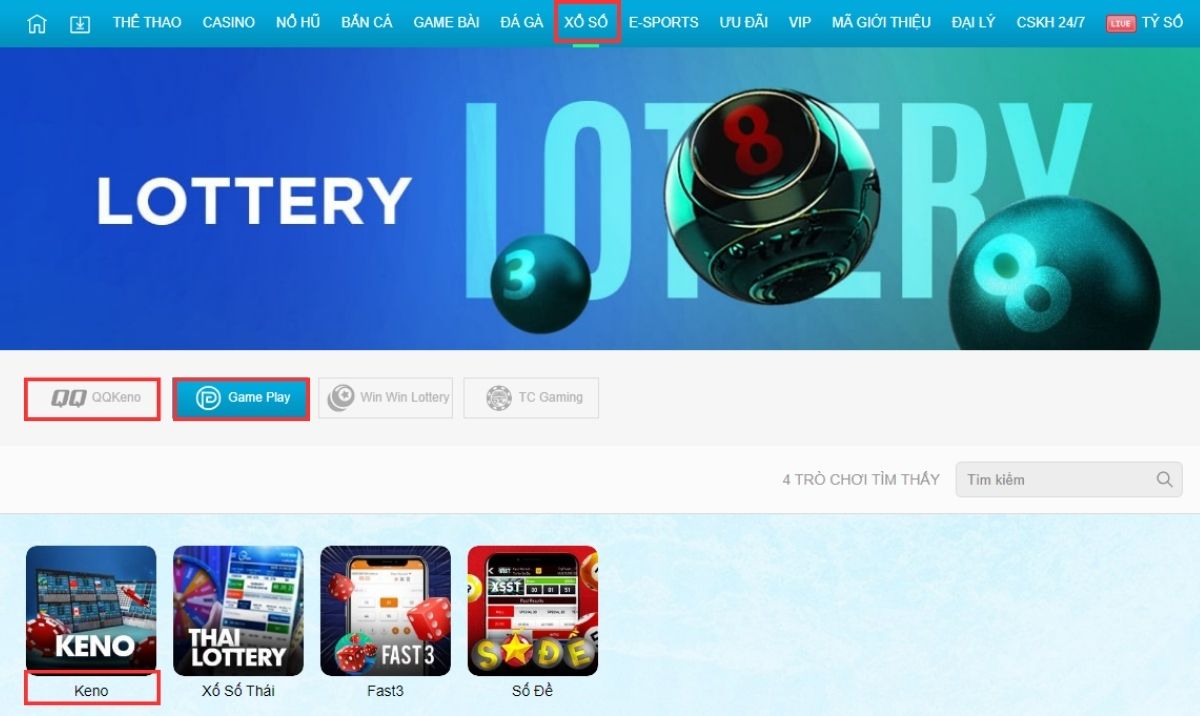 chọn sảnh game cung cấp keno jun88