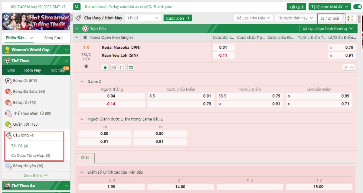 chọn giải đấu và trận đấu để cá cược