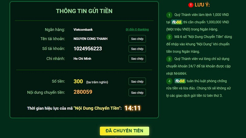 nạp tiền fb88 100% thành công lên tài khoản 5 chuyển tiền vào ngân hàng nhà cái