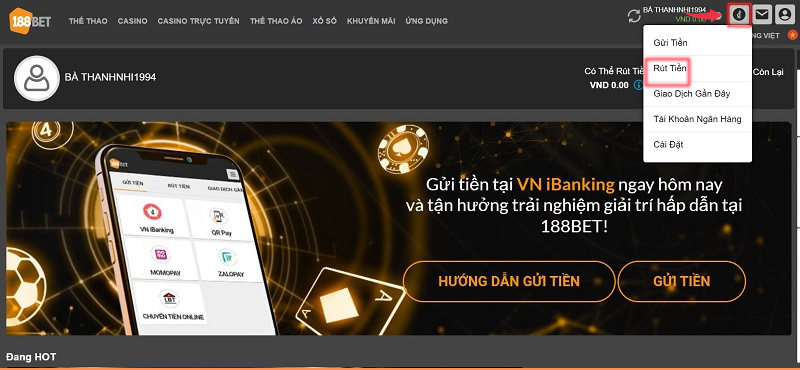 người chơi đi đến mục rút tiền 188bet