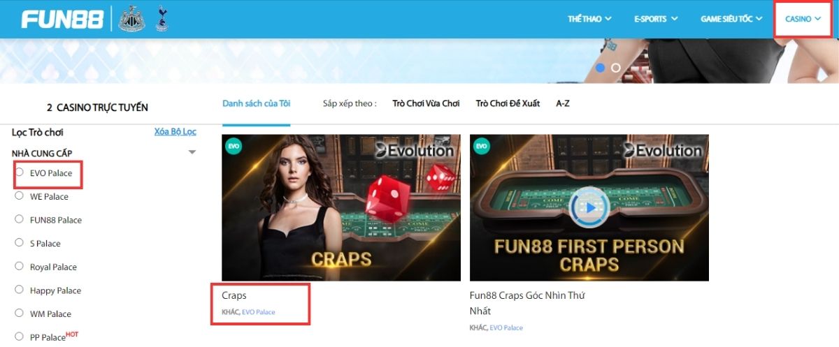 chọn sảnh casino để chơi craps fun88