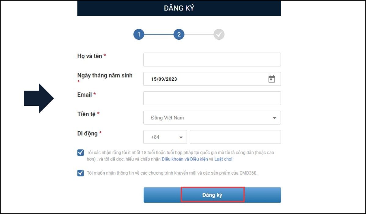điền thông tin cá nhân đăng ký cmd368