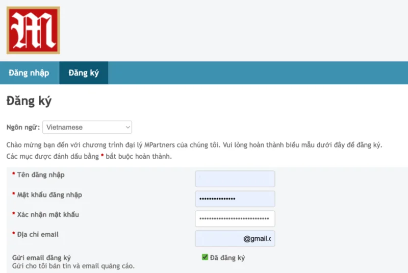 bước 2: điền thông tin đăng ký đại lý m88