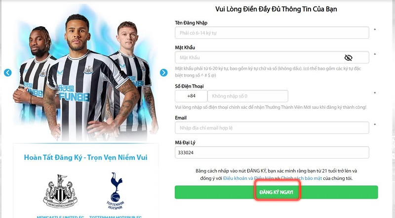 điền thông tin đăng ký fun88