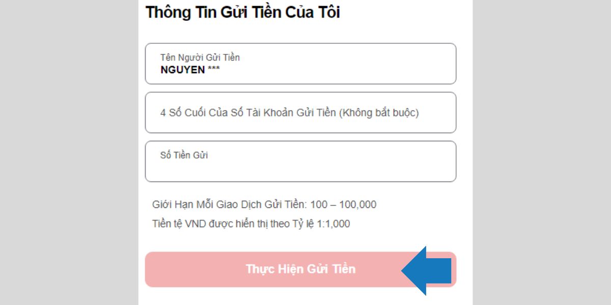 điền thông tin nạp tiền kto bằng hình thức chuyển khoản