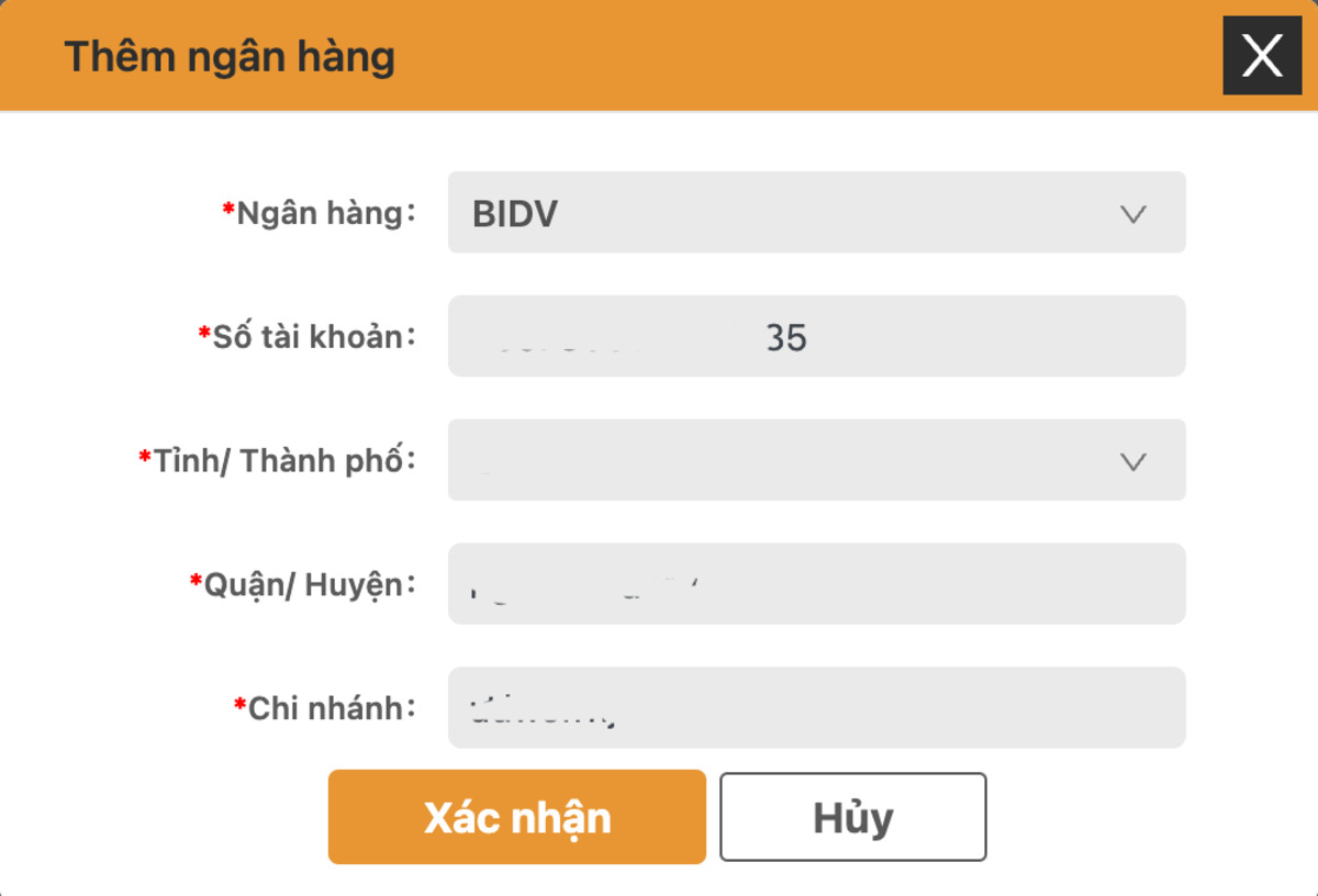 điền thông tin tài khoản ngân hàng của bạn