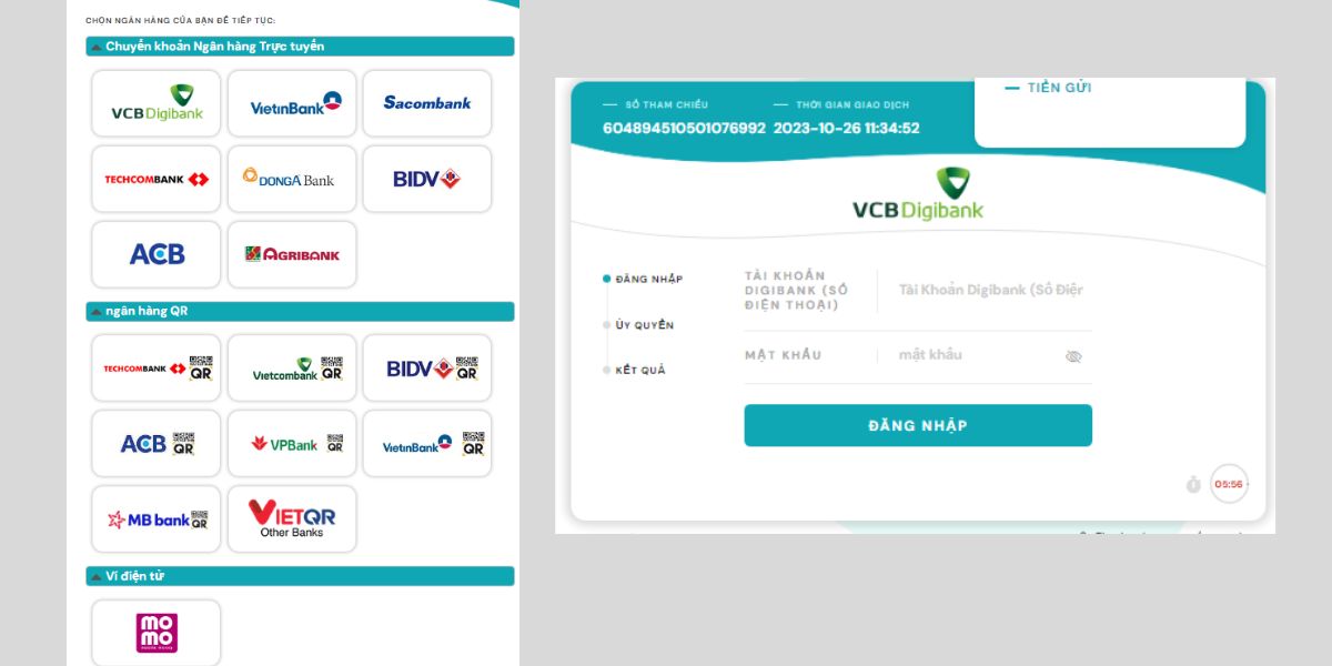 thực hiện lệnh gửi tiền vào kto bằng chuyển khoản ngân hàng