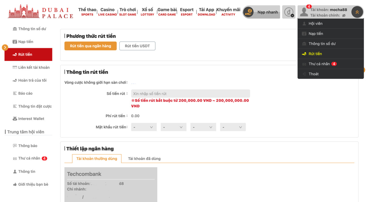 hướng dẫn rút tiền dubai palace chi tiết