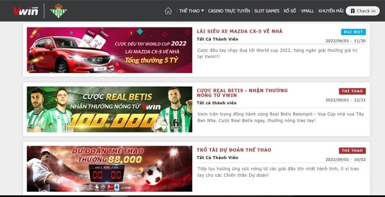 tiền thưởng và khuyến mãi vwin