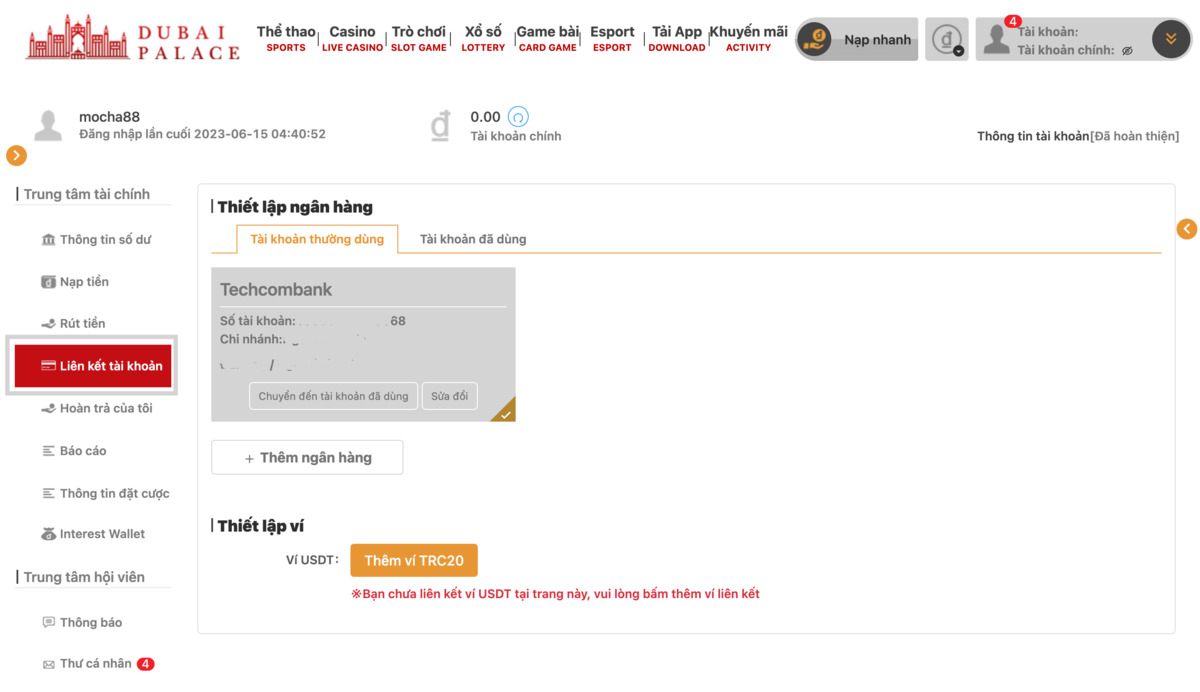 liên kết tài khoản ngân hàng
