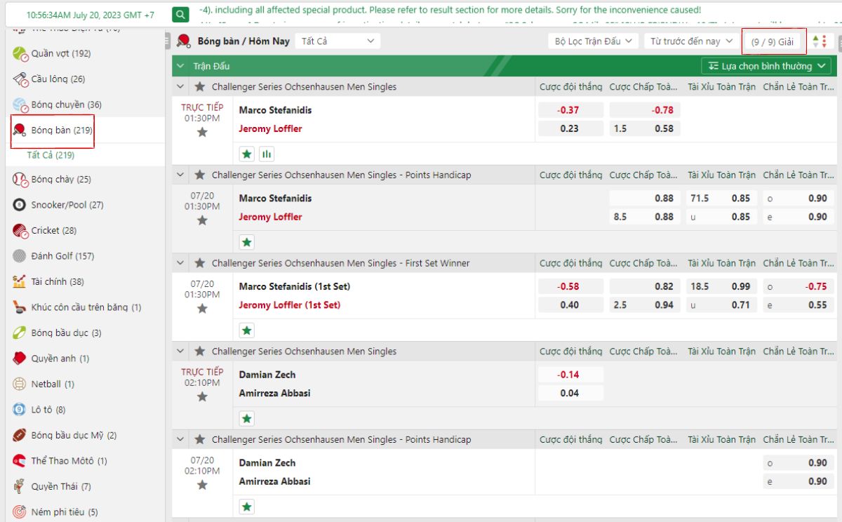 lựa chọn bóng bàn và chọn giải đấu