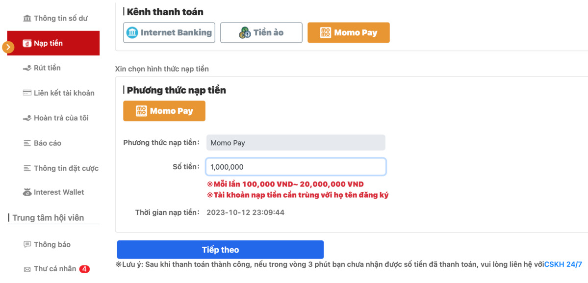 nạp tiền dubai palace qua ví điện tử momo pay