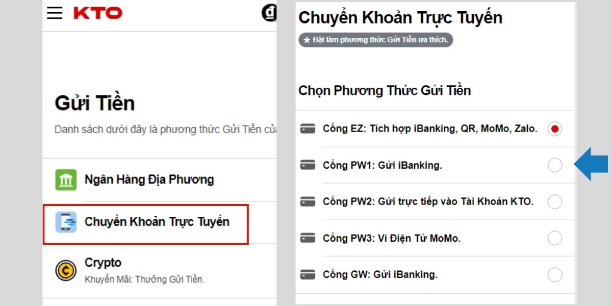chọn hình thức nạp tiền vào tài khoản kto bằng chuyển khoản trực tuyến
