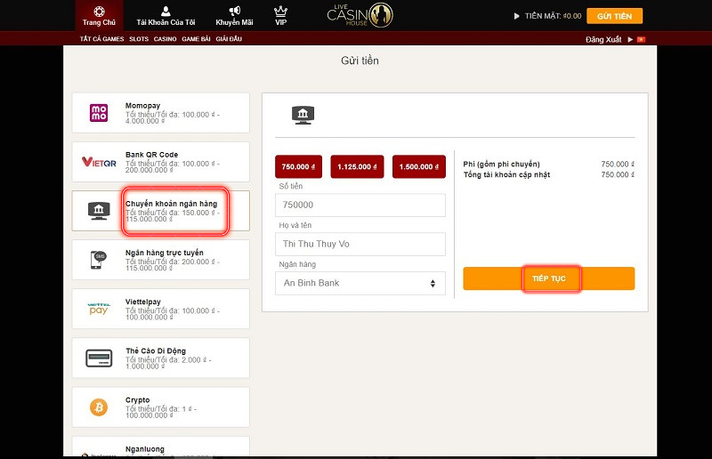 nạp tiền live casino house qua ngân hàng