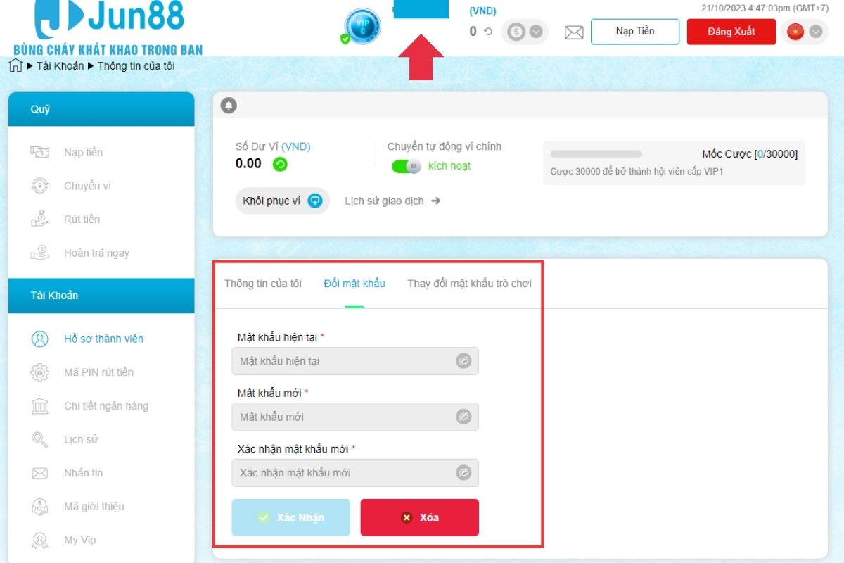 thực hiện thay đổi mật khẩu và mã pin jun88