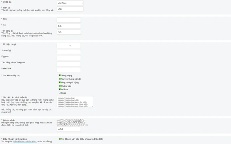 điền thông tin đăng ký đại lý m88