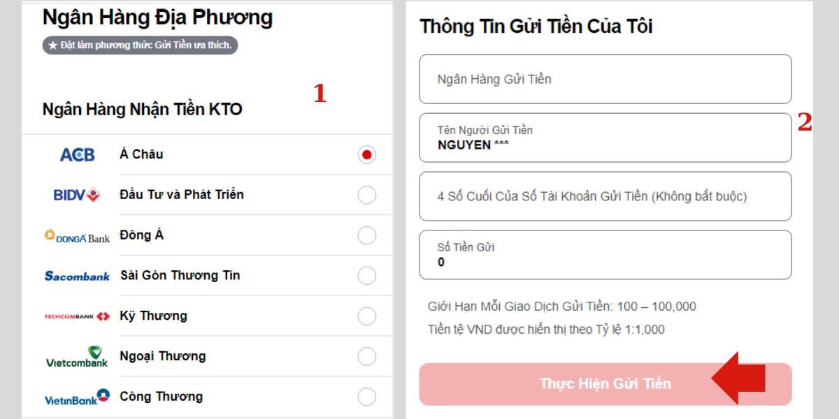 điền đầy đủ các thông tin gửi tiền kto bằng ngân hàng địa phương