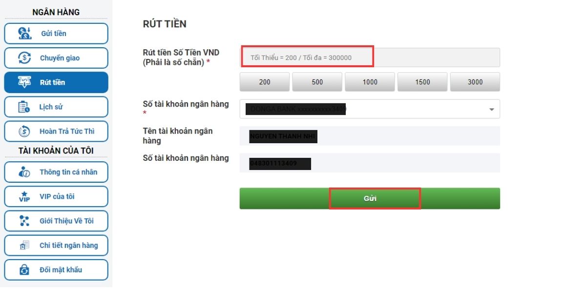 điền đầy đủ các thông tin giao dịch rút tiền tại cmd368