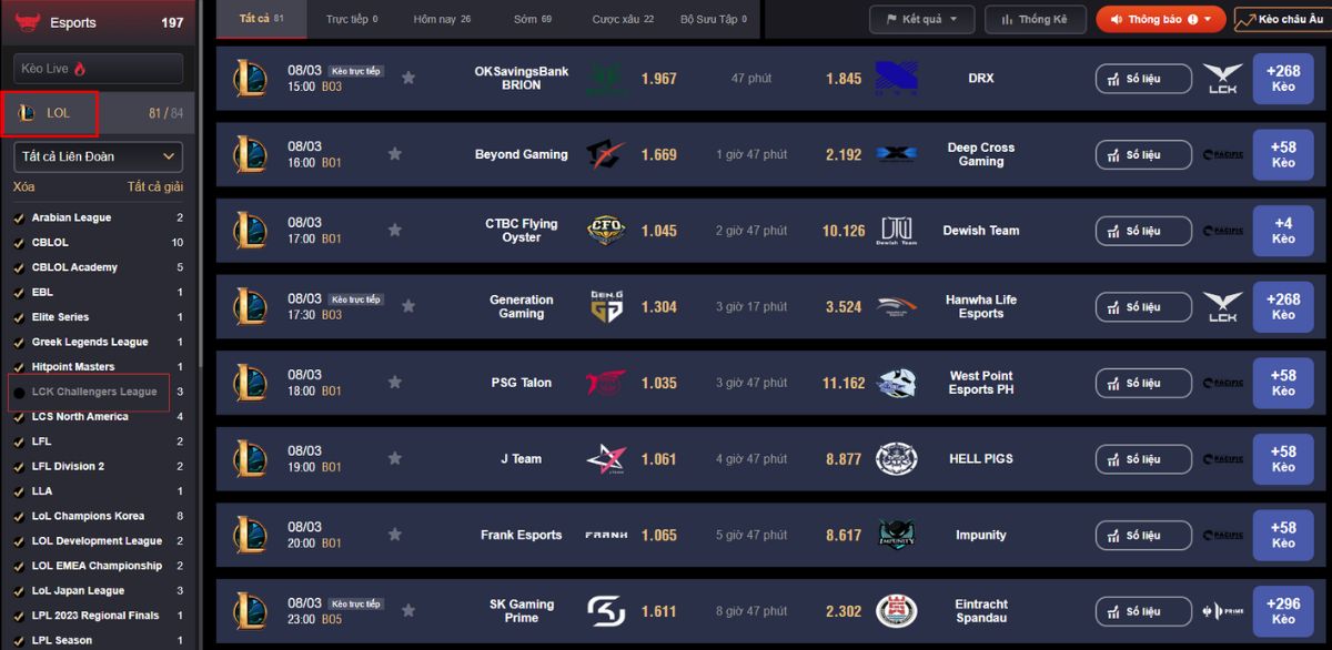 vào sảnh esport tìm giải đấu lck