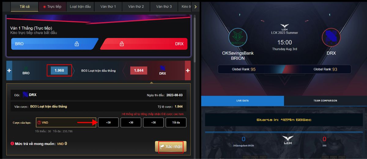 xác nhận đặt cược trận đấu