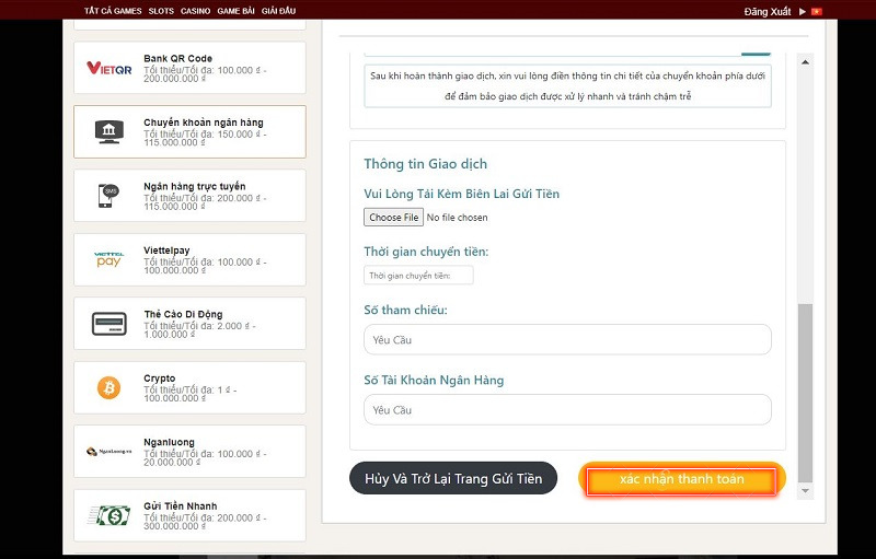 xác nhận nạp tiền live casino house
