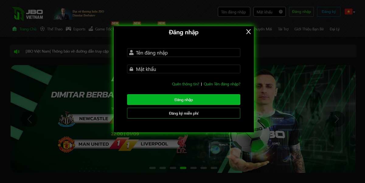 tiến hành đăng nhập vào jbo bằng thông tin đã đăng ký