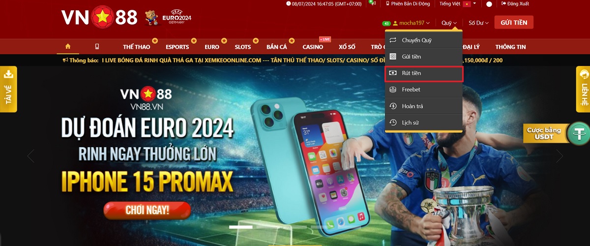 hướng dẫn rút tiền vnloto nhanh chóng và hiệu quả nhất 1 đi đến mục rút tiền vnloto