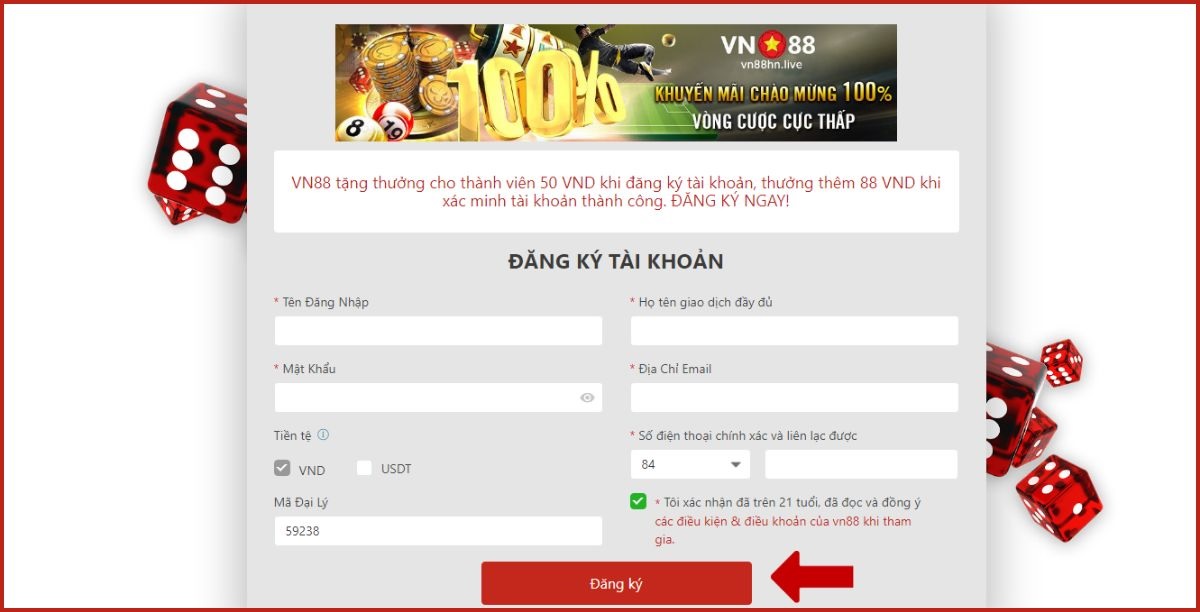điền đầy đủ thông tin đăng ký vn88