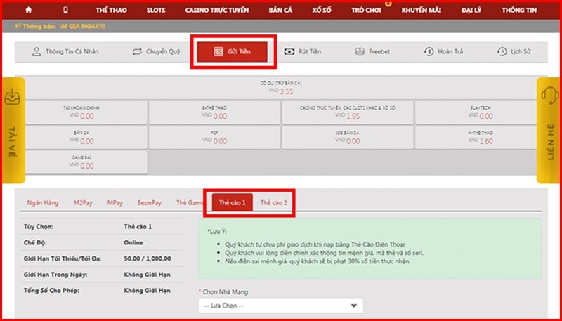 cách nạp tiền vn88 qua thẻ cào