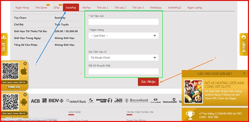 nạp tiền vn88 qua dịch vụ thanh toán trực tuyến (gpay/ eezie pay)