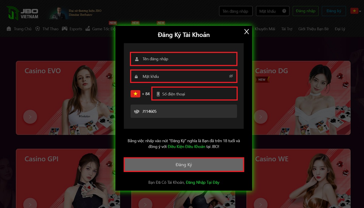 điền thông tin đăng ký jbo