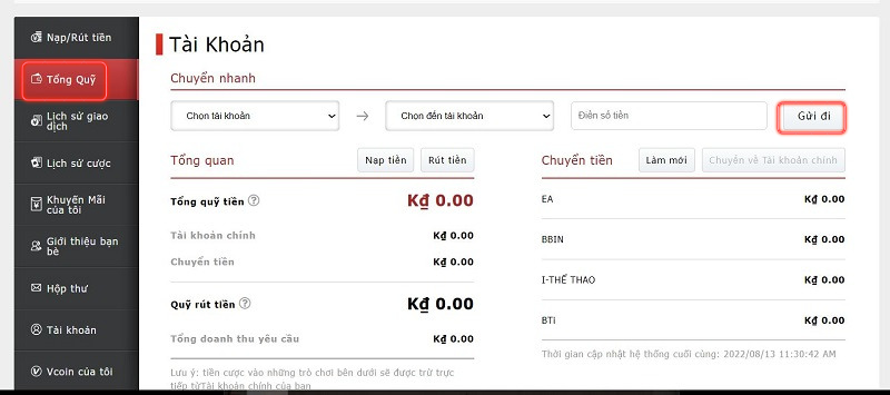 thực hiện chuyển quỹ về tài khoản chính 