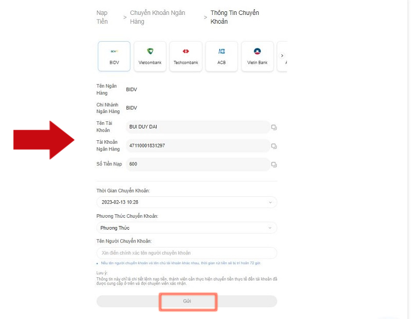 điền thông tin nạp tiền 8xbet