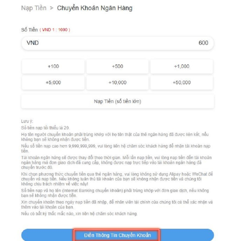 nhập số tiền muốn nạp lên 8xbet