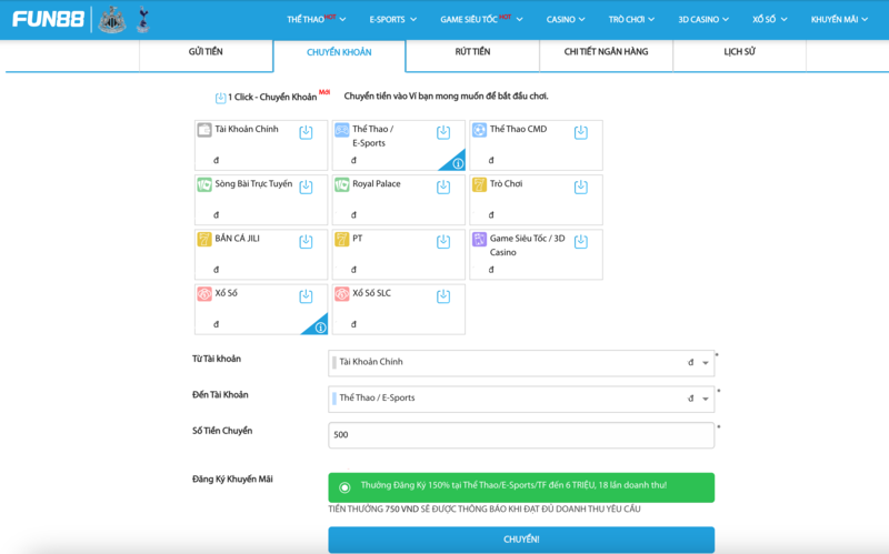 chuyển quỹ fun88 từ tài khoản chính đến tài khoản game