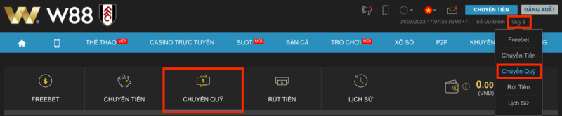 truy cập trang chuyển quỹ w88