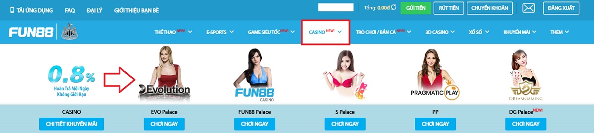 chọn casino và nhấp vào sảnh chơi casino fun88 yêu thích
