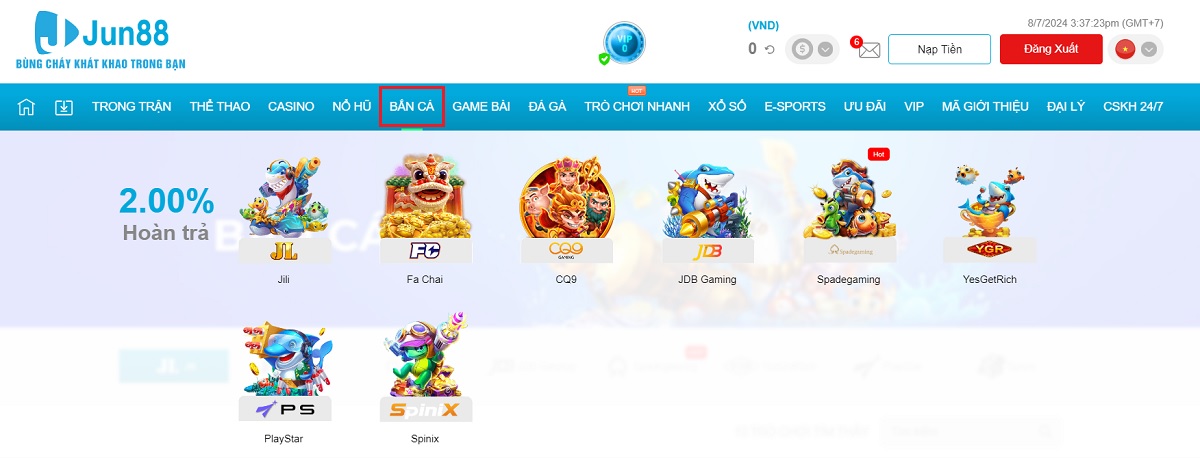 chọn sảnh chơi bắn cá jun88