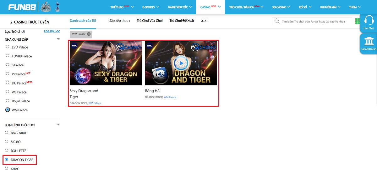 chọn phòng chơi rồng hổ fun88