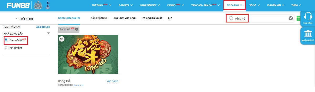 đi đến phòng chơi rồng hổ fun88