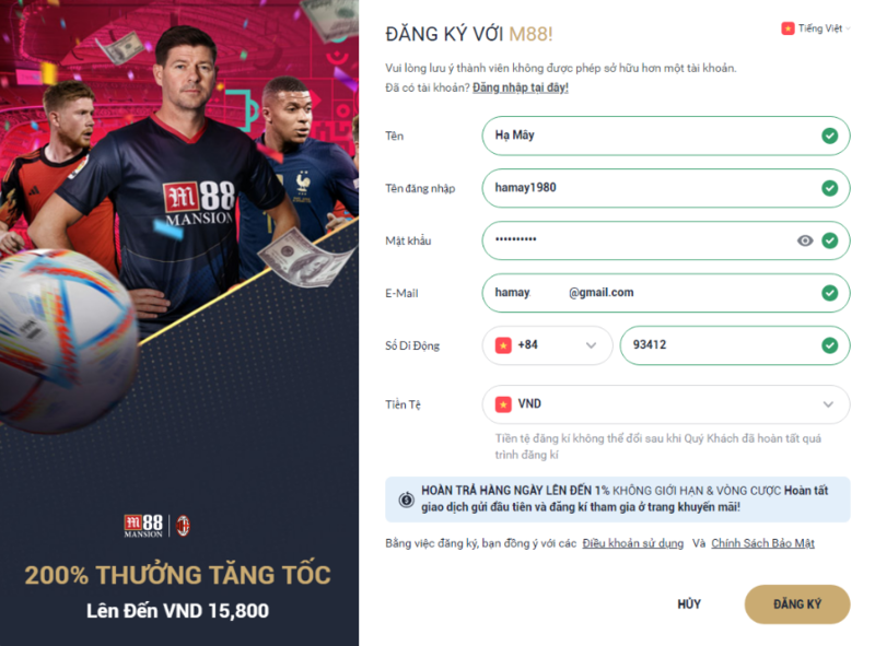 nhập chính xác thông tin m88 yêu cầu