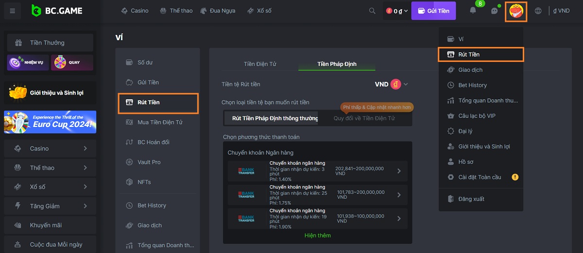 truy cập vào trang rút tiền bc.game